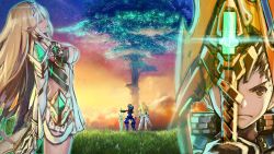 Rule 34 | 1boy, 1girl, armor, blonde hair, breasts, cleavage, closed eyes, closed mouth, day, devierwin, dress, earrings, eyelashes, gem, gloves, glowing, grass, hair ornament, headpiece, highres, jewelry, large breasts, leaning back, leotard, long hair, monolith soft, mythra (xenoblade), nintendo, rex (xenoblade), saitou masatsugu, sidelocks, skin tight, sky, standing, swept bangs, sword, thighhighs, third-party edit, tiara, tree, very long hair, wallpaper, weapon, white dress, xenoblade chronicles (series), xenoblade chronicles 2, yellow eyes