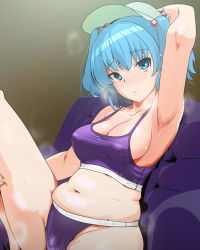 Rule 34 | 1girl, arm up, armpits, bare arms, bare legs, bare shoulders, blue eyes, blue hair, breasts, cleavage, green hat, hair bobbles, hair ornament, hat, highres, hyudora, kawashiro nitori, looking at viewer, medium breasts, midriff, navel, panties, plump, purple panties, short hair, solo, sports bra, sportswear, sweat, thighs, touhou, two side up, underwear