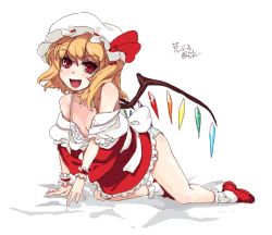 Rule 34 | 1girl, all fours, bad id, bad pixiv id, blonde hair, blush, crystal, fang, female focus, flandre scarlet, flat chest, full body, hat, panties, red eyes, ribbon, rkrk, shoes, socks, solo, touhou, underwear, white background, wings