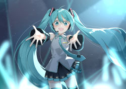 Rule 34 | 1girl, agonasubi, aqua eyes, aqua hair, aqua necktie, bare shoulders, black skirt, black sleeves, black thighhighs, blurry, blurry foreground, commentary, concert, cowboy shot, detached sleeves, foreshortening, glowstick, grey shirt, hair ornament, hatsune miku, headphones, headset, long hair, looking at viewer, miniskirt, necktie, open mouth, outstretched arms, penlight (glowstick), pleated skirt, shirt, skirt, sleeveless, sleeveless shirt, smile, solo, spotlight, standing, thighhighs, twintails, very long hair, vocaloid, zettai ryouiki