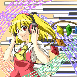 Rule 34 | 1girl, ascot, blonde hair, cable, clearfile, fang, flandre scarlet, hands on headphones, headphones, looking at viewer, musical note, red eyes, side ponytail, smile, solo, touhou, wings