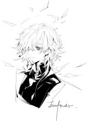 Rule 34 | 1boy, arknights, character name, chuzenji, enforcer (arknights), half-closed eyes, halo, highres, male focus, messy hair, monochrome, short hair, simple background, solo, upper body, white background
