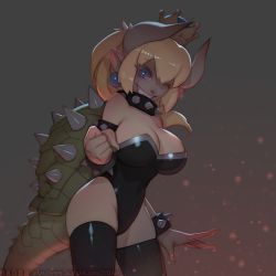 Rule 34 | 1girl, :d, black leotard, black thighhighs, blonde hair, blue eyes, bowsette, bracelet, breasts, chinese text, cleavage, clenched hand, collar, commentary request, curvy, female focus, fingernails, grey background, horns, jewelry, large breasts, leotard, lizard tail, long hair, looking at viewer, mario (series), new super mario bros. u deluxe, nintendo, one eye closed, open mouth, pointy ears, sharp fingernails, sharp teeth, shiny skin, slit pupils, smile, solo, spiked bracelet, spiked collar, spikes, standing, super crown, tail, teeth, thighhighs, watermark, web address, zhaoyebai