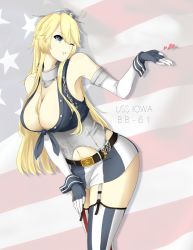 Rule 34 | 10s, 1girl, artist request, blonde hair, blowing kiss, blue eyes, breasts, character name, cleavage, garter straps, gloves, hand on own thigh, hand on thigh, highres, iowa (kancolle), kantai collection, large breasts, long hair, miniskirt, open mouth, skirt, smile, solo, star (symbol), thighhighs, udon-udon