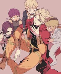 Rule 34 | 2023, 5boys, aged down, animal print, beanie, black hair, black nails, blonde hair, blue eyes, blush, bracelet, brothers, child, closed eyes, closed mouth, cow print, crotchless, crotchless pants, dio brando, donatello versus, family, father and son, giorno giovanna, hat, highres, hug, jacket, jewelry, jojo no kimyou na bouken, long hair, long sleeves, looking at viewer, medium hair, mixed-language commentary, morino peko, multicolored hair, multiple boys, pants, red eyes, rikiel, siblings, sitting, smile, stardust crusaders, stone ocean, two-tone hair, ungaro, vento aureo, yellow eyes, yellow jacket, yellow pants