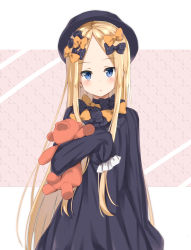Rule 34 | 1girl, abigail williams (fate), absurdres, arm at side, bad id, bad pixiv id, black bow, black dress, black hat, blonde hair, blue eyes, blush, bow, commentary request, dress, fate/grand order, fate (series), forehead, hair bow, hat, head tilt, highres, hugging object, kohakope, long hair, long sleeves, looking at viewer, orange bow, parted bangs, parted lips, polka dot, polka dot bow, sleeves past fingers, sleeves past wrists, solo, stuffed animal, stuffed toy, teddy bear, very long hair
