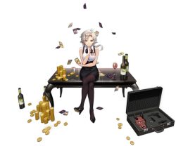Rule 34 | 1girl, alcohol, azur lane, black footwear, black neckwear, black pantyhose, bottle, bow, bowtie, card, coin, crossed legs, cup, drinking glass, earrings, hair ornament, hairclip, hand on own chin, high heels, highres, holding, holding card, horns, jewelry, kinu (azur lane), kinu (token and ghost) (azur lane), looking at viewer, official alternate costume, official art, oni horns, pantyhose, short hair, sitting, sleeveless, transparent background, werkbau, white hair, wine, wine bottle, wine glass, yellow eyes