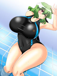 Rule 34 | 1girl, adidas, akasode (tyaramu), blush, breasts, competition swimsuit, covered navel, gradient background, green hair, highres, huge breasts, kazami yuuka, multiple girls, one-piece swimsuit, one eye closed, parody, pool, poolside, red eyes, short hair, sitting, soaking feet, solo, swimsuit, thighs, touhou, water