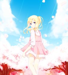 Rule 34 | 10s, 1girl, absurdres, blonde hair, blue eyes, cherry blossoms, day, dress, from behind, highres, looking at viewer, looking back, miyazono kawori, ninfia19, outdoors, petals, ponytail, shigatsu wa kimi no uso, sky, smile, solo, tree
