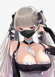 Rule 34 | 1girl, azur lane, between breasts, black dress, breasts, cleavage, clothing cutout, dress, earrings, formidable (azur lane), frilled dress, frills, gothic lolita, grey hair, hair ribbon, jewelry, large breasts, lolita fashion, mask, mouth mask, necktie, necktie between breasts, red eyes, removing mask, ribbon, schreibe shura, shoulder cutout, twintails, two-tone dress, two-tone ribbon, upper body, white background