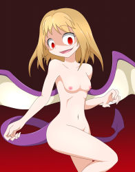Rule 34 | breasts, brown hair, demon girl, demon tail, demon wings, highres, lencubus (mon-musu quest!), mon-musu quest!, nipples, nude, open mouth, red eyes, short hair, small breasts, smile, tail, wings