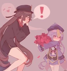 Rule 34 | !, 2girls, bead necklace, beads, birthday, blush, braid, braided ponytail, brown hair, embarrassed, flower, genshin impact, ghost, gift, half-closed eyes, hand on own face, happy, hat, hu tao (genshin impact), implied yuri, jewelry, jiangshi, kvlen, long sleeves, looking away, multiple girls, necklace, open mouth, purple eyes, purple hair, qiqi (genshin impact), red eyes, shorts, smile, standing, surprised, symbol-shaped pupils, thighhighs, thought bubble, twintails, wide sleeves