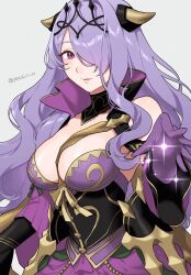Rule 34 | 1girl, armor, breast strap, breasts, camilla (alluring darkness) (fire emblem), camilla (fire emblem), cleavage, crown, dress, fake horns, fire emblem, fire emblem fates, fire emblem heroes, frilled dress, frills, gloves, hair over one eye, highres, horned headwear, horns, large breasts, long hair, looking at viewer, nintendo, official alternate costume, peach11 01, purple dress, purple eyes, purple gloves, purple hair, smile, solo, tiara, very long hair, wavy hair