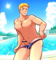 Rule 34 | 1boy, aopanda, bara, blonde hair, blue eyes, erection, male focus, outdoors, penis, pool, public indecency, topless male, solo, summer, tagme, undressing, water, wet