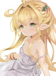 Rule 34 | 1girl, ahoge, bangle, bare arms, bare shoulders, blonde hair, bracelet, breasts, collarbone, dress, granblue fantasy, green eyes, hair intakes, hair ornament, harvin, highres, jewelry, long hair, m-eine, melissabelle, pointy ears, simple background, small breasts, solo, spaghetti strap, strap slip, very long hair, white background, white dress
