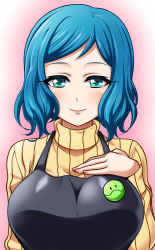 Rule 34 | 10s, 1girl, apron, aqua eyes, badge, blue hair, blush, breasts, button badge, gundam, gundam build fighters, haro button badge, iori rinko, large breasts, lips, lipstick, looking at viewer, makeup, mature female, poyoyon chihiro, ribbed sweater, smile, solo, sweater, turtleneck