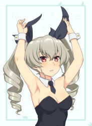 Rule 34 | 1girl, ada badguy, anchovy (girls und panzer), armpits, black leotard, blush, breasts, cleavage, drill hair, girls und panzer, green hair, hair ribbon, highres, large breasts, leotard, long hair, necktie, open mouth, playboy bunny, red eyes, ribbon, solo, twin drills, twintails, upper body