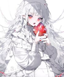Rule 34 | absurdres, apple, blue nails, fangs, food, fruit, hair ornament, highres, holding, holding food, holding fruit, jewelry, karo (karohroka), multicolored nails, original, red eyes, red nails, shirt, white background, white hair, white shirt