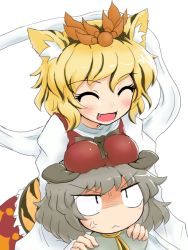 Rule 34 | 2girls, [], anger vein, angry, animal ears, black hair, blonde hair, blush, breast envy, breast rest, breasts, breasts on head, fang, female focus, grey hair, kemonomimi mode, large breasts, mouse ears, multicolored hair, multiple girls, nazrin, shawl, simple background, smile, tiger ears, toramaru shou, touhou, two-tone hair, white background