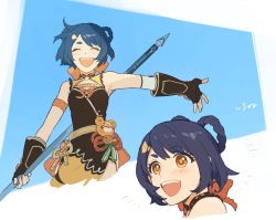 Rule 34 | 1girl, bell, black gloves, blue hair, blush, braid, braided hair rings, chinese clothes, closed eyes, fingerless gloves, genshin impact, gloves, hair ornament, hair rings, highres, holding, holding weapon, instntmssl, multiple views, open mouth, orange eyes, polearm, short eyebrows, simple background, sleeveless, tassel, two-tone background, weapon, xiangling (genshin impact)
