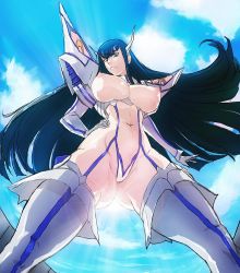 Rule 34 | 10s, 1girl, armor, bad id, bad pixiv id, black hair, blue eyes, blue sky, boots, breastless clothes, breasts, day, elbow gloves, feet out of frame, female focus, from below, gloves, hand on own hip, headgear, highres, junketsu, kill la kill, kiryuuin satsuki, komoesuta coin, large breasts, long hair, looking at viewer, navel, nipples, outdoors, pauldrons, perspective, revealing clothes, shoulder armor, sky, solo, thick thighs, thigh boots, thighhighs, thighs, thrusters, topless