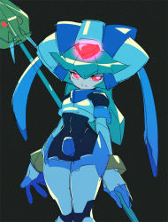 Rule 34 | 1girl, android, armor, black background, cowboy shot, green hair, helmet, holding, holding staff, kon (kin219), looking at viewer, md5 mismatch, mega man (series), mega man zx, pandora (mega man), power armor, red eyes, simple background, solo, staff, weapon, wide hips