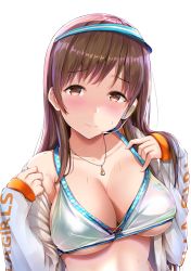 Rule 34 | 1girl, bad id, bad pixiv id, bikini, bikini top only, blush, breasts, brown eyes, brown hair, cleavage, closed mouth, collarbone, fay (fay axl), frown, headset, highres, idolmaster, idolmaster cinderella girls, jacket, jewelry, large breasts, lips, long hair, looking at viewer, necklace, nitta minami, off shoulder, open clothes, open jacket, pendant, sidelocks, simple background, sleeves past wrists, solo, swimsuit, upper body, visor cap, white background, white bikini