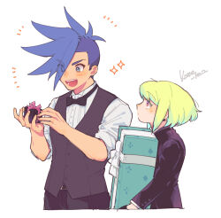 Rule 34 | 2boys, androgynous, artist name, black bow, black bowtie, black vest, blue eyes, blue hair, blush, bow, bowtie, closed mouth, commentary, cropped legs, earrings, expressionless, formal, galo thymos, gift, green hair, highres, holding, holding gift, jewelry, kome 1022, lio fotia, long sleeves, looking at another, looking at object, looking up, male focus, mohawk, multiple boys, nose blush, open mouth, pink eyes, promare, ribbon, short hair, sidelocks, simple background, sleeves pushed up, smile, sparkle, spiked hair, suit, upper body, vest, white background