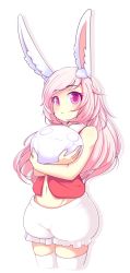 Rule 34 | 1girl, absurdres, animal ear fluff, animal ears, culottes, fiz (fizintine), fizintine, highres, long hair, looking at viewer, navel, original, pink hair, purple eyes, rabbit ears, rabbit girl, smile, solo, stuffed toy, thighhighs, white background, white thighhighs