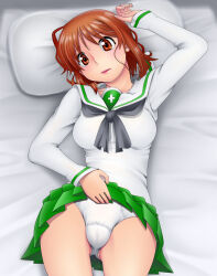 Rule 34 | 1girl, brown eyes, brown hair, clothes lift, girls und panzer, highres, lifting own clothes, looking at viewer, lying, nishizumi miho, on back, on bed, ooarai school uniform, panties, short hair, skirt, skirt lift, solo, underwear, yantaka