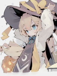 Rule 34 | 1girl, absurdres, black hat, blonde hair, blue eyes, blue ribbon, closed mouth, commentary, dated commentary, expressionless, hair between eyes, hat, hat ribbon, highres, long sleeves, neck ribbon, nep (nep 76), no nose, original, pumpkin, ribbon, shirt, simple background, sleeve cuffs, solo, white background, white shirt, witch, witch hat, yellow ribbon