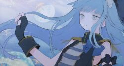 Rule 34 | 1girl, black gloves, black jacket, blue background, blue bow, blue hair, blunt bangs, bow, closed mouth, commentary request, cosplay, epaulettes, fingerless gloves, gloves, grey eyes, hand up, highres, indie utaite, indie virtual youtuber, jacket, jellyfish, long hair, looking ahead, official art, sleeveless, sleeveless jacket, solo, somunia, upper body, virtual youtuber, wotoha (character), wotoha (character) (cosplay), yorunogumo