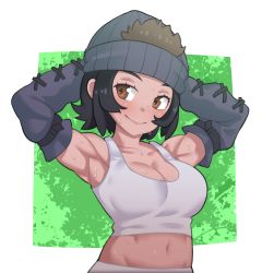 Rule 34 | 1girl, armpits, arms behind head, arms up, bare shoulders, black hair, breasts, brown eyes, cleavage, collarbone, commentary request, crop top, dark-skinned female, dark skin, elbow gloves, emil (fafa), gloves, gorilla (kemono friends), groin, hat, kemono friends, large breasts, looking at viewer, midriff, navel, short hair, smile, solo, tank top, upper body, white tank top