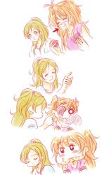 Rule 34 | 2girls, :p, ^ ^, ^o^, arrow (symbol), blonde hair, blush, closed eyes, comic, drooling, food, food in mouth, food on face, green eyes, hair ornament, licking, long hair, motion blur, multiple girls, orange hair, parted lips, precure, ribbon, short hair, simple background, smile, suzunashi susumu, sweets, tongue, tongue out, upper body, white background