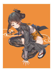 Rule 34 | 1girl, black hair, breasts, brown eyes, fangxiang cuoluan, folded ponytail, full body, highres, holding, holding sword, holding weapon, japanese clothes, long hair, long sleeves, looking at viewer, obi, orange background, original, parted lips, sandals, sash, sidelocks, small breasts, solo, squatting, sword, tabi, unsheathed, weapon, white legwear, wide sleeves
