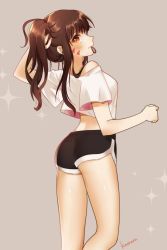 Rule 34 | 1girl, absurdres, ass, blush, brown eyes, brown hair, contrapposto, d.va (overwatch), dolphin shorts, facial mark, from behind, grey background, hair tie in mouth, hand up, highres, kaoruru (sakuno2911), looking at viewer, looking back, mouth hold, overwatch, overwatch 1, shirt, short shorts, short sleeves, shorts, signature, simple background, solo, sparkle, standing, tying hair, white shirt