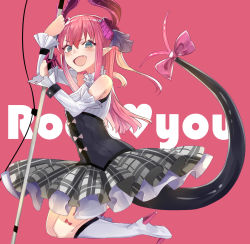 Rule 34 | &gt;:d, 10s, 1girl, :d, blue eyes, boots, bow, corset, detached sleeves, elizabeth bathory (fate), elizabeth bathory (fate/extra ccc), elizabeth bathory (second ascension) (fate), english text, fang, fate/extra, fate/extra ccc, fate (series), frills, grey skirt, hair between eyes, heart, high heel boots, high heels, highres, horns, knee boots, kurokawa (kurokashi655), long hair, looking at viewer, microphone stand, open mouth, pink background, pink bow, pink hair, plaid, plaid skirt, sidelocks, simple background, skirt, smile, solo, tail, tail bow, tail ornament, two side up, v-shaped eyebrows