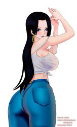 Rule 34 | 1girl, absurdres, ass, black hair, blue eyes, boa hancock, breasts, denim, earrings, female focus, highres, jeans, jewelry, large breasts, long hair, looking at viewer, looking back, mr piedra, one piece, pants, sideboob, simple background, solo, white background