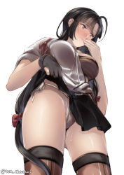 Rule 34 | 1girl, bad id, bad pixiv id, bandeau, black hair, black skirt, blush, breasts, brown eyes, closed mouth, clothes lift, commentary request, from below, japanese clothes, juurouta, kantai collection, large breasts, lifting own clothes, long hair, panties, ponytail, shouhou (kancolle), side-tie panties, simple background, skirt, skirt lift, solo, thighhighs, twitter username, underwear, white background, white panties