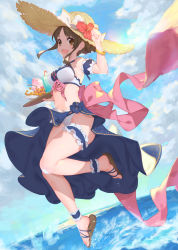 Rule 34 | 1girl, :d, ankle garter, arm up, armpits, artistic error, bangle, bare legs, bikini, blue skirt, blush, bow, bracelet, breasts, bridal garter, brown eyes, brown hair, cloud, cloudy sky, commentary request, cup, day, detached sleeves, drink, drinking glass, feet, flower, food, frills, hair bun, hat, hat bow, hat flower, hibiscus, highres, holding, holding tray, horizon, ice, ice cream, ice cube, jewelry, jumping, long hair, md5 mismatch, medium breasts, navel, ocean, open mouth, outdoors, pink ribbon, plate, princess connect!, puffy short sleeves, puffy sleeves, resolution mismatch, ribbon, sandals, short sleeves, sidelocks, signature, single hair bun, skirt, sky, smile, solo, source larger, splashing, spoon, stomach, straw hat, suzume (princess connect!), suzume (summer) (princess connect!), swimsuit, tareme, tray, water, waterring, white bikini, white bow, wrong foot