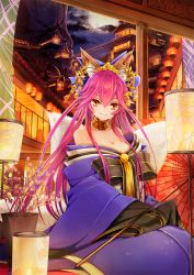 Rule 34 | &gt;:), 10s, 1girl, adapted costume, animal ears, architecture, bad id, bad pixiv id, bare shoulders, bell, blue ribbon, blurry, breasts, bridge, cleavage, closed mouth, cloud, cloudy sky, collarbone, depth of field, east asian architecture, eyelashes, fate/extella, fate/extra, fate (series), flower, fox ears, fox tail, full moon, hair between eyes, hair ornament, hair ribbon, hair stick, hands in opposite sleeves, highres, hopper, japanese clothes, jewelry, kanzashi, kimono, kitsune, lantern, large breasts, light particles, long hair, long sleeves, looking at viewer, moon, mountain, multiple tails, necklace, night, night sky, off shoulder, official alternate costume, oil-paper umbrella, oiran, paper lantern, pink flower, pink hair, plant, potted plant, railing, revision, ribbon, silhouette, sky, smile, solo, tail, tamamo (fate), tamamo no mae (fate/extra), tamamo no mae (third ascension) (fate), umbrella, v-shaped eyebrows, very long hair, wide sleeves, yellow eyes