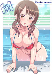 Rule 34 | 1girl, artist name, blunt bangs, border, breasts, brown eyes, brown hair, cleavage, cloud, collarbone, commentary request, covered erect nipples, curvy, day, kondou ryunosuke, large breasts, looking at viewer, navel, okita sawa, open mouth, pool, poolside, shiny skin, signature, sky, smile, solo, swimsuit, tari tari, tree, twintails, water, wet, white border, wide hips