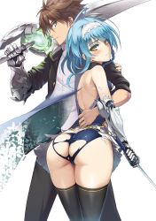 Rule 34 | 10s, 1boy, 1girl, arm around waist, ass, bare shoulders, black thighhighs, blue eyes, blue hair, blue panties, blush, braid, breasts, brown hair, choker, elbow gloves, from behind, gauntlets, gloves, highres, legs together, looking at viewer, looking back, manly, medium breasts, nonaka yuki, official art, ookuma nekosuke, panties, shinmai maou no testament, shiny skin, short hair, single braid, single gauntlet, skindentation, skirt, standing, sword, thighhighs, torn clothes, torn panties, torn skirt, toujou basara, underwear, weapon, white background, yellow eyes