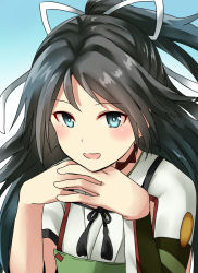 Rule 34 | 10s, 1girl, :d, black hair, blue eyes, bow, gendou pose, hair bow, hair ribbon, hands clasped, head rest, highres, kamelie, kantai collection, katsuragi (kancolle), long hair, looking at viewer, one-hour drawing challenge, open mouth, own hands clasped, own hands together, ribbon, smile, solo