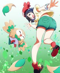 Rule 34 | 1girl, :d, absurdres, beanie, black hair, blush, boots, bracelet, commentary request, creatures (company), feathers, floral print, game freak, gen 7 pokemon, green shorts, grey eyes, hat, highres, jewelry, looking at viewer, looking back, negimiso1989, nintendo, open mouth, pokemon, pokemon (creature), pokemon sm, red footwear, red headwear, rowlet, selene (pokemon), shirt, shorts, smile, spread fingers, tied shirt, tongue, yellow shirt, z-ring