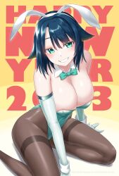 Rule 34 | 1girl, 2023, absurdres, animal ears, awono nanaumi, black pantyhose, blue hair, bow, bowtie, breasts, chinese zodiac, cleavage, detached collar, elbow gloves, fukami nana (awono nanaumi), gloves, green bow, green bowtie, green eyes, green leotard, hair flaps, happy new year, highres, large breasts, leotard, looking at viewer, new year, original, pantyhose, playboy bunny, rabbit ears, rabbit tail, short hair, sitting, solo, strapless, strapless leotard, tail, thighband pantyhose, white gloves, wrist cuffs, year of the rabbit, yokozuwari