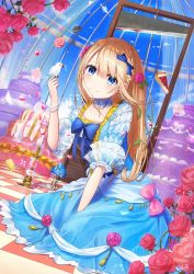 Rule 34 | 1girl, between legs, bird, bird on hand, blonde hair, blue bow, blue eyes, blue flower, blue sky, bow, bracelet, braid, cake, candy, crown braid, day, dress, flower, food, frills, guillotine, hair flower, hair ornament, hand between legs, highres, jewelry, looking at viewer, omelet tomato, pink bow, real life, ribbon, rose, sitting, sky, smile, solo, sweets