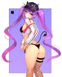 Rule 34 | 1girl, ass, badge, baseball cap, black bra, black panties, blush, border, bra, breasts, button badge, closed mouth, cropped jacket, demon girl, demon tail, ear piercing, earrings, fake horns, fishnet thighhighs, fishnets, from behind, green eyes, hair ornament, hairclip, hat, highres, hololive, horned headwear, horns, jewelry, lace, lace-trimmed panties, lace trim, legwear garter, looking at viewer, looking back, multicolored hair, no pants, notte, open clothes, panties, piercing, pink hair, purple hair, side-tie panties, single thighhigh, small breasts, solo, tail, tail ornament, tail ring, thighhighs, thighs, tokoyami towa, twintails, two-tone hair, underwear, virtual youtuber, white border