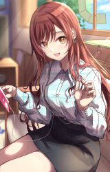 Rule 34 | 1girl, absurdres, black skirt, blue shirt, blue sky, blurry, blurry background, blush, breasts, brown hair, cellphone, chair, chest of drawers, citrusmikan, cloud, day, earphones, hands up, highres, holding, holding earphones, holding phone, idolmaster, idolmaster shiny colors, indoors, long hair, long sleeves, looking at viewer, medium breasts, office, on chair, open mouth, osaki amana, phone, pink nails, plaid, plaid shirt, shirt, sitting, skirt, sky, smartphone, smartphone case, smile, solo, sunlight, swept bangs, tree, window, yellow eyes
