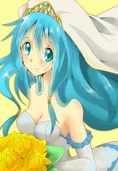Rule 34 | 1girl, blue eyes, blue hair, breasts, cleavage, dress, duel monster, eria (yu-gi-oh!), eria the water charmer, female focus, flower, long hair, matching hair/eyes, plant, simple background, smile, solo, upper body, wedding dress, yu-gi-oh!, yu-gi-oh! duel monsters